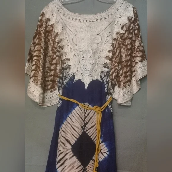 Vintage 70s Afro-centric heirloom robe wax print embroidered maxi length caftan - Picture 2 of 15